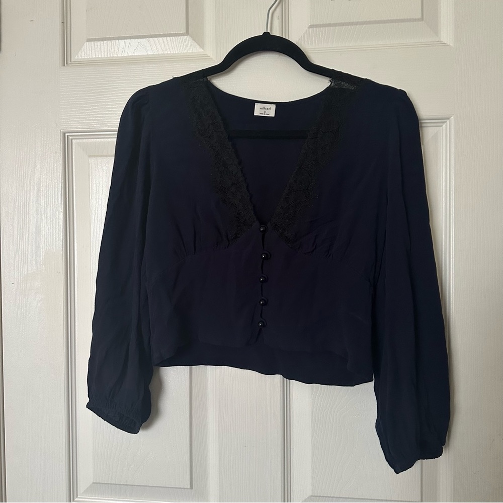 Aritzia Wilfred Navy Romantic Blouse with Black Lace